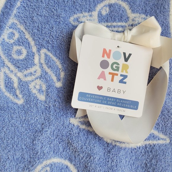 BNWT NOVOGRATZ Spaceships Blue White Soft Fuzzy Reversible Baby Blanket science - Picture 3 of 6